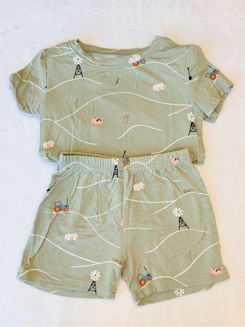 Brave Little Ones Two-Piece Shorts Pajama Set in Green with Farm Print - 2T